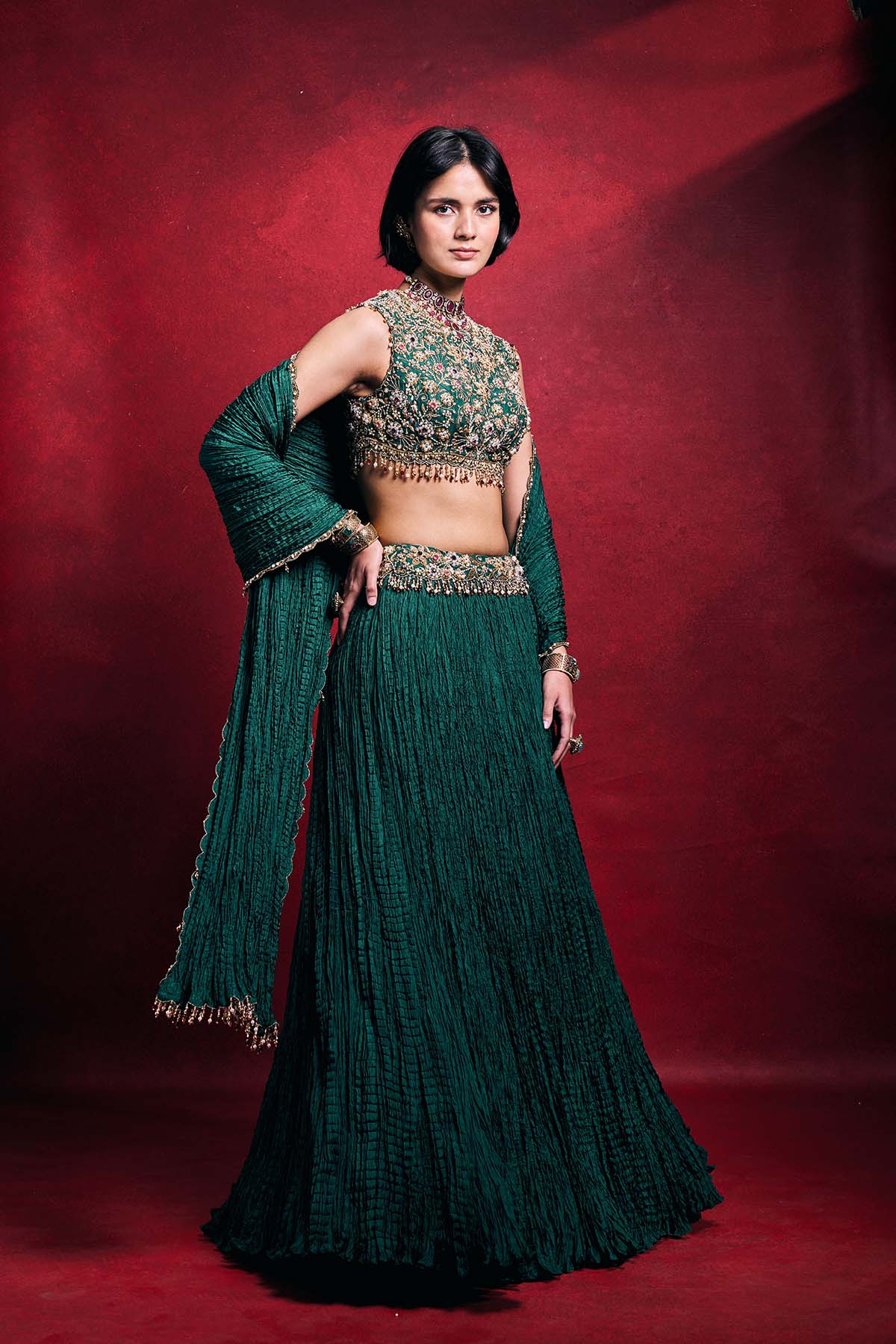 Emerald Green Crushed Lehenga Set