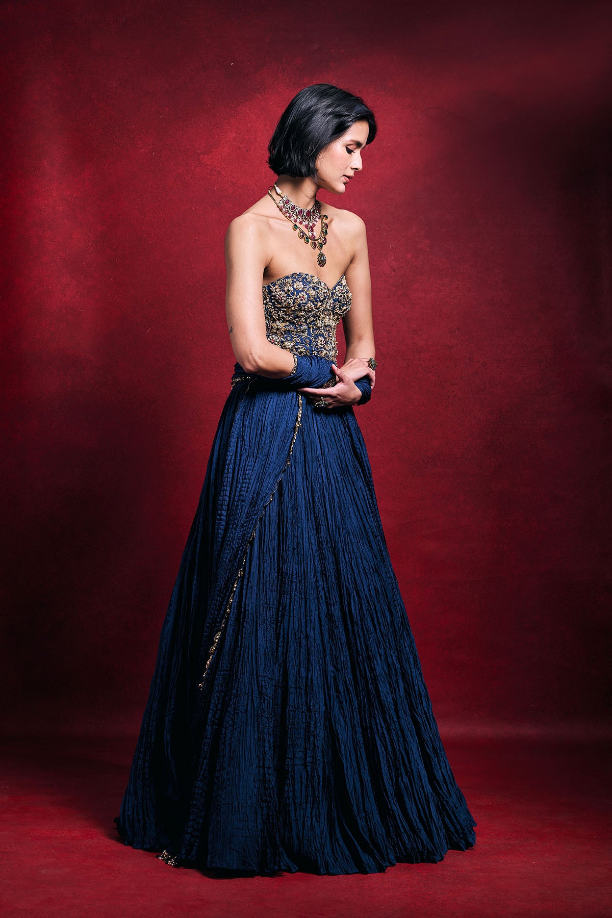 Royal Blue Crushed Lehenga Set