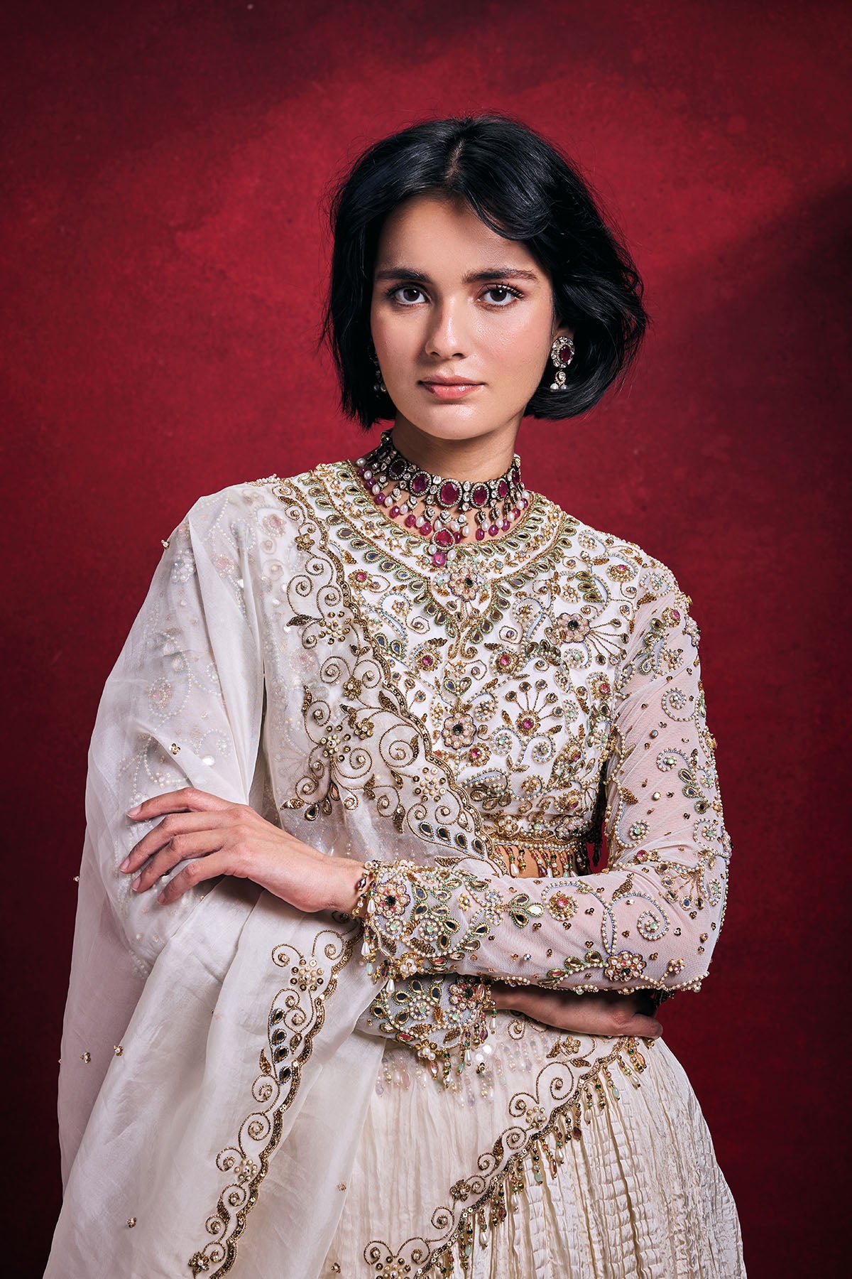 Ivory Crushed Lehenga Set