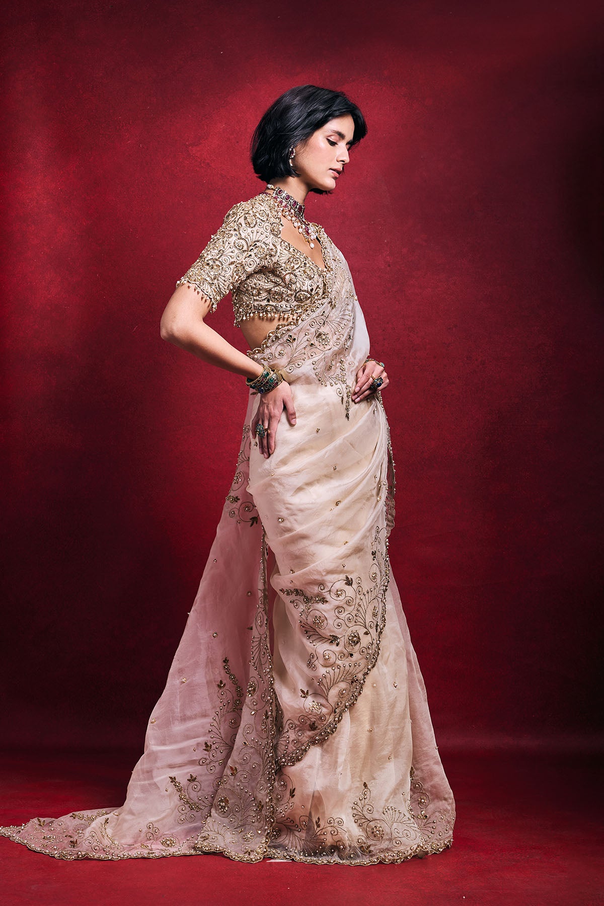 Cream Organza Saree Set