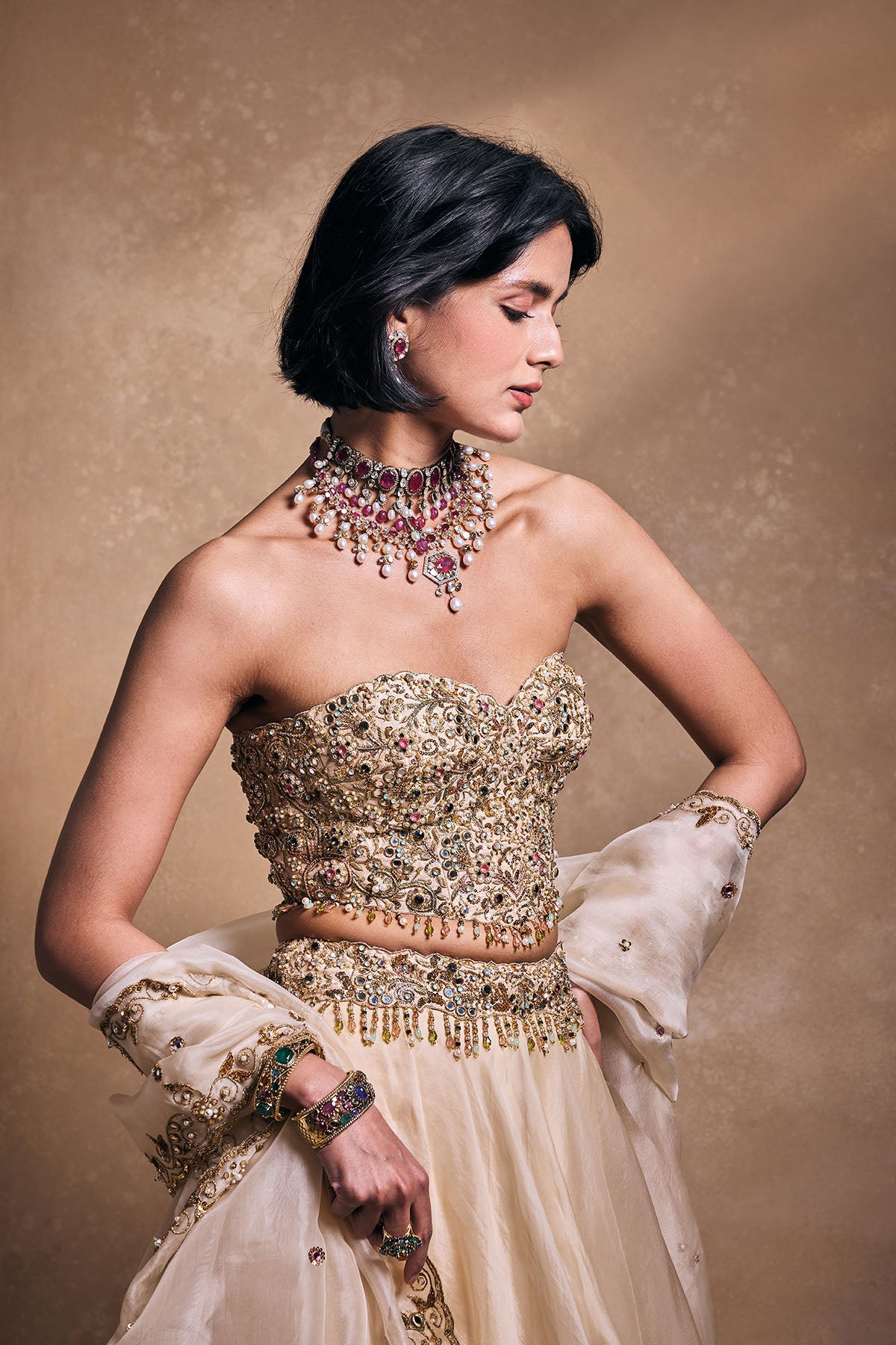 Cream Organza Lehenga Set