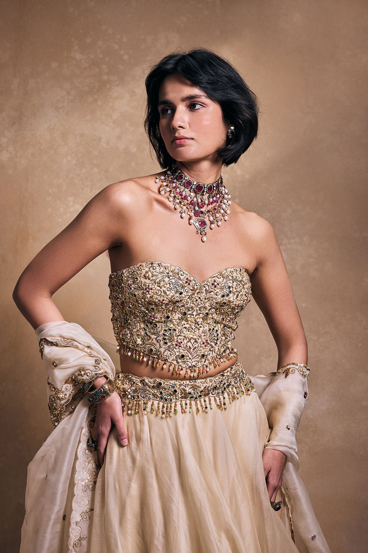 Cream Organza Lehenga Set