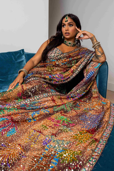 Sundream - Teakberry Mustard Sequin Georgette Draped Saree - Ready To Ship