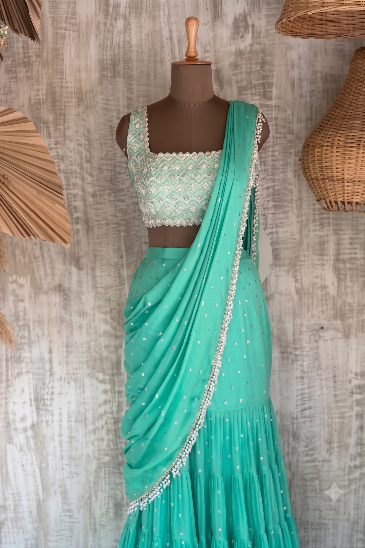 GREEN INES PRE DRAPE SAREE - Ready To Ship