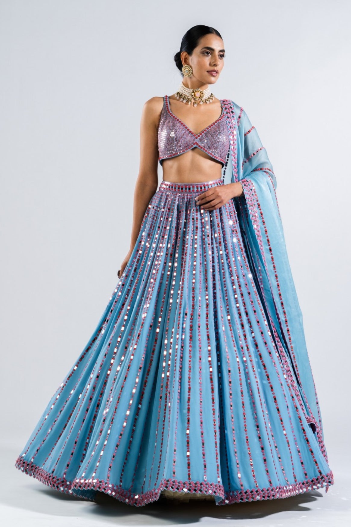 Ice Blue Linear Drop Lehenga With Metallic Blouse