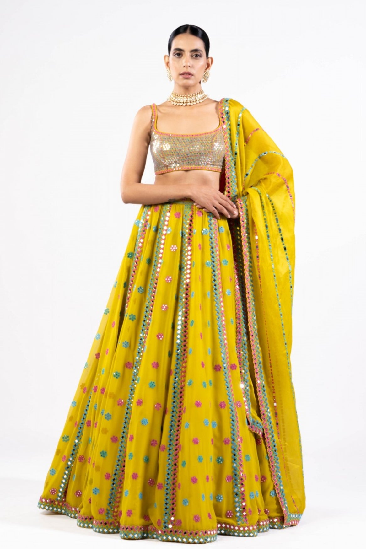 Moss Green Flower Lehenga Set With Metallic Blouse
