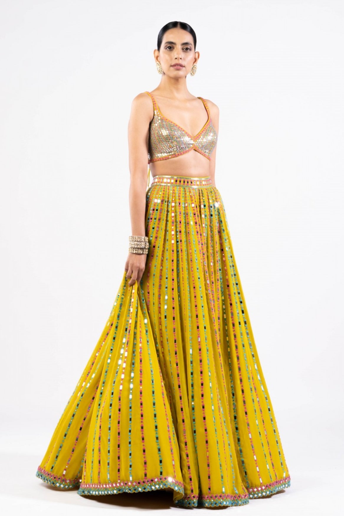 Moss Green Linear Drop Lehenga With Metallic Blouse