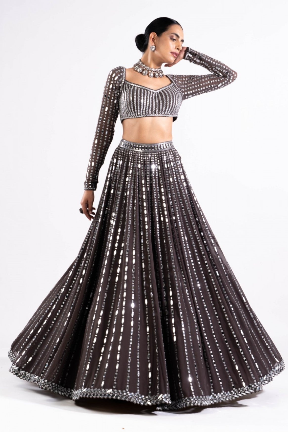 Charcoal Grey Linear Drop Lehenga Set
