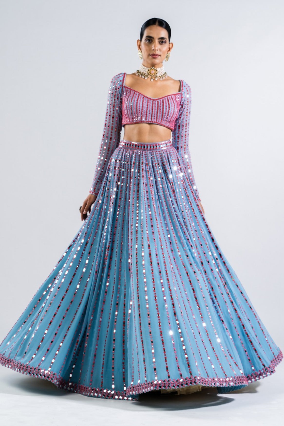 Ice Blue Linear Drop Lehenga Set