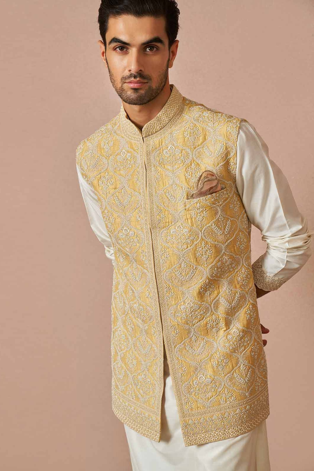 YELLOW RAWSILK BANDI KURTA SET