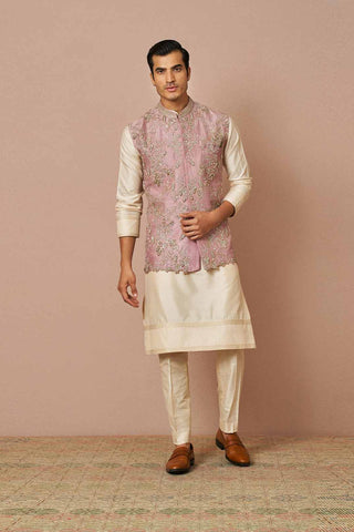BEIGE BUTTI PRINTED BLAZER WITH BEIGE MOR JAAL SHORT SHIRT STYLE KURTA WITH PANTS