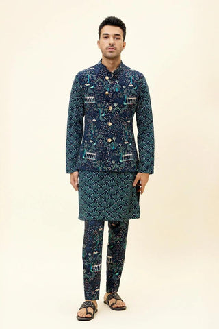 BLUE FEATHER PRINTED BLAZER JACKET WITH BLUE MOR JAAL PRINT BUNDI WITH PANTS