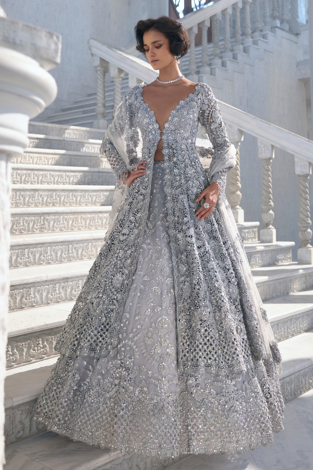 Silver Cut Work Jacket Lehenga Set