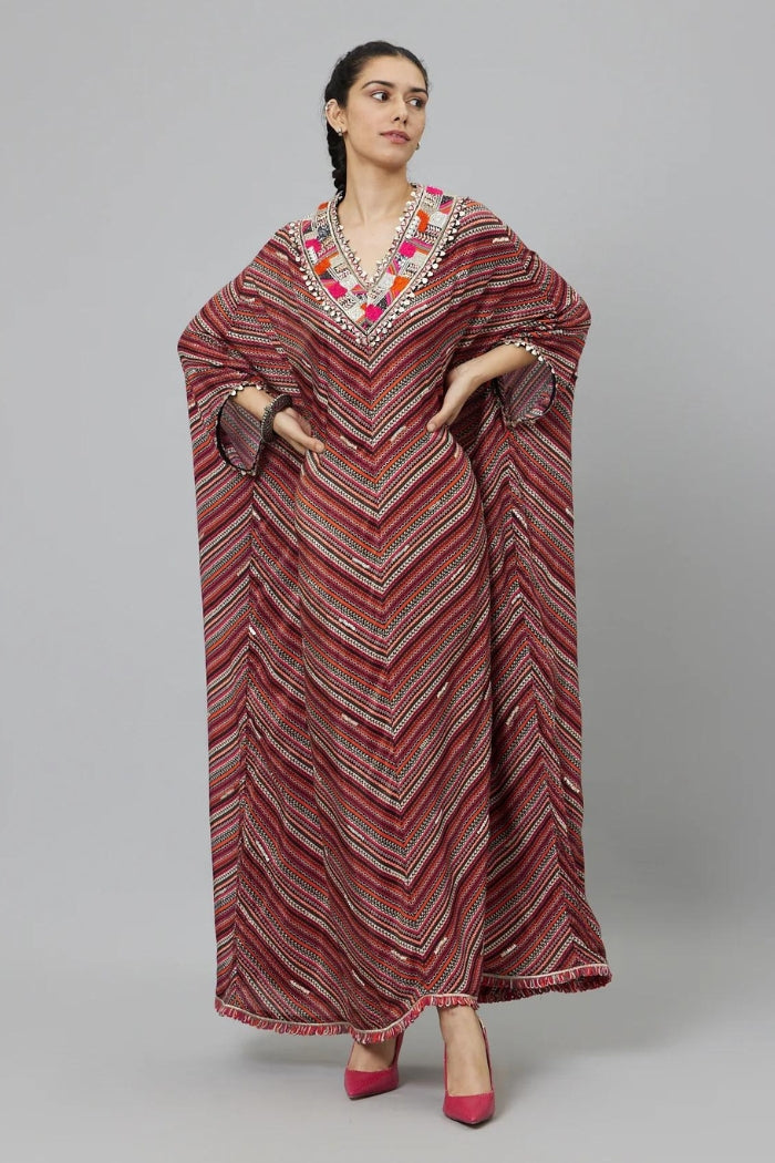 BOHEMAIN STRIPE PRINT V-NECK KAFTAN