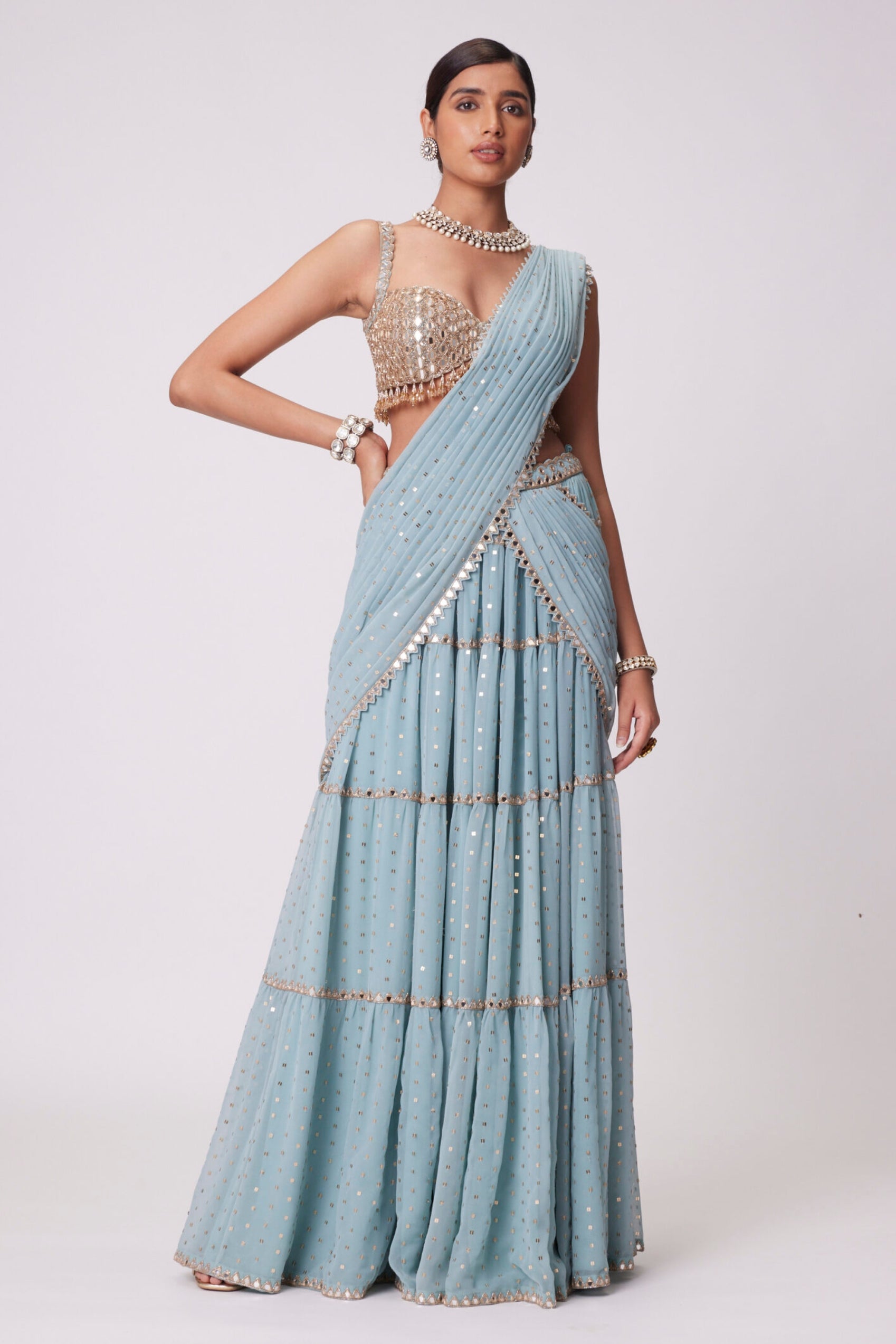 Powder Blue Multitier Saree Set