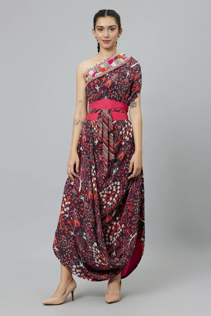 CONCRETE JUNGLE PRINT ONE SHOULDER COWL DRESS TEAMED WITH A BELT