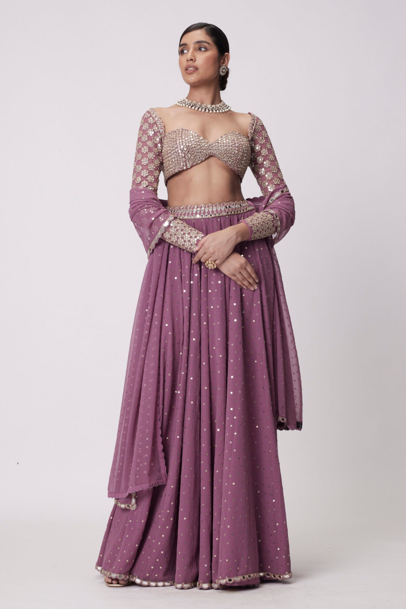 Mud Mauve Mirror Embroidered Lehenga Pants Set