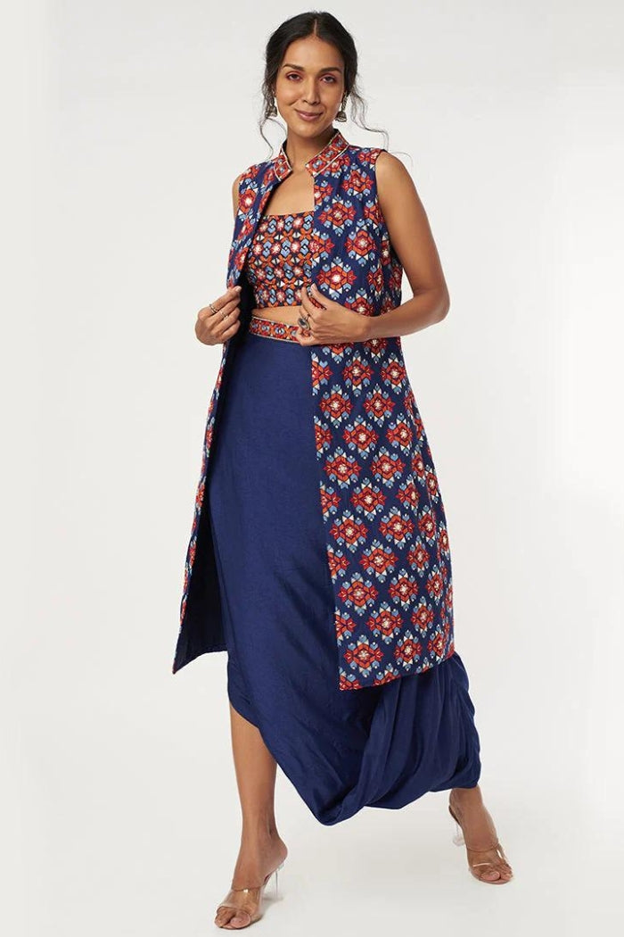 DEEP BLUE DRAPE SKIRT BUSTIER AND SLEEVLESS BUTTA EMBROIDERED JACKET