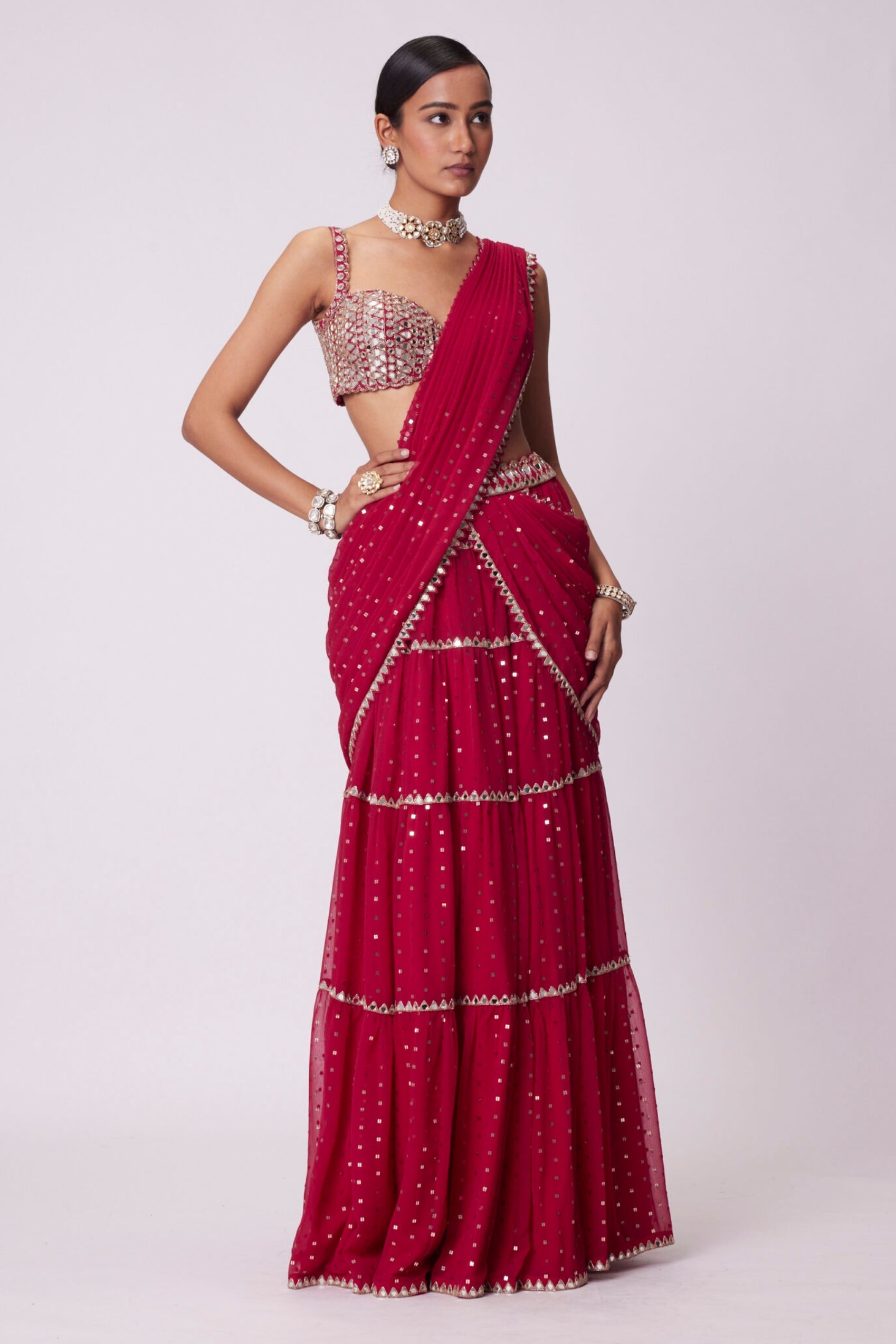 Crimson Red Multi-tier Sequin Embroidered Saree Set