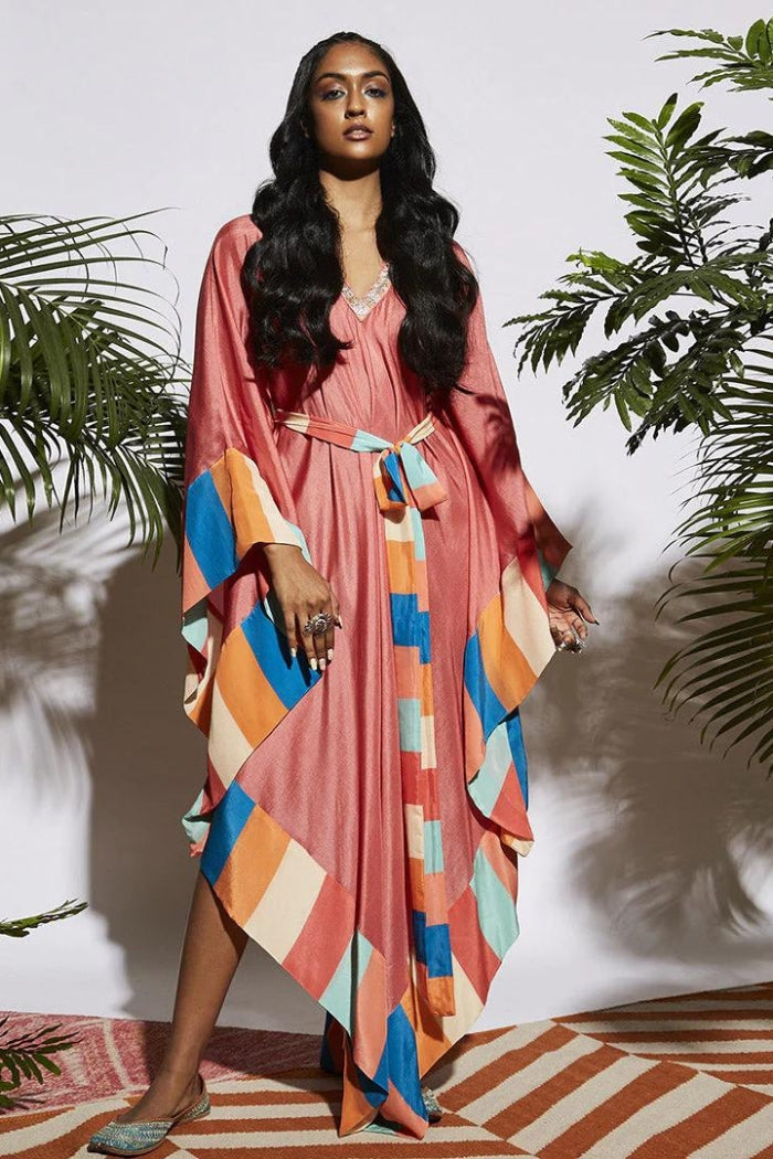 PINK ASYMMETRICAL KAFTAN WITH BELT WITH STRIPE BORDER, TRIANGLE NECK BORDER