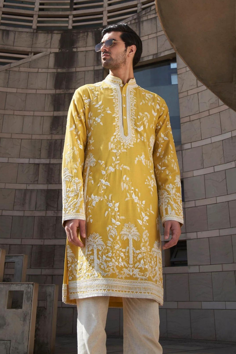 YELLOW LONG PALM TREE KURTA SET