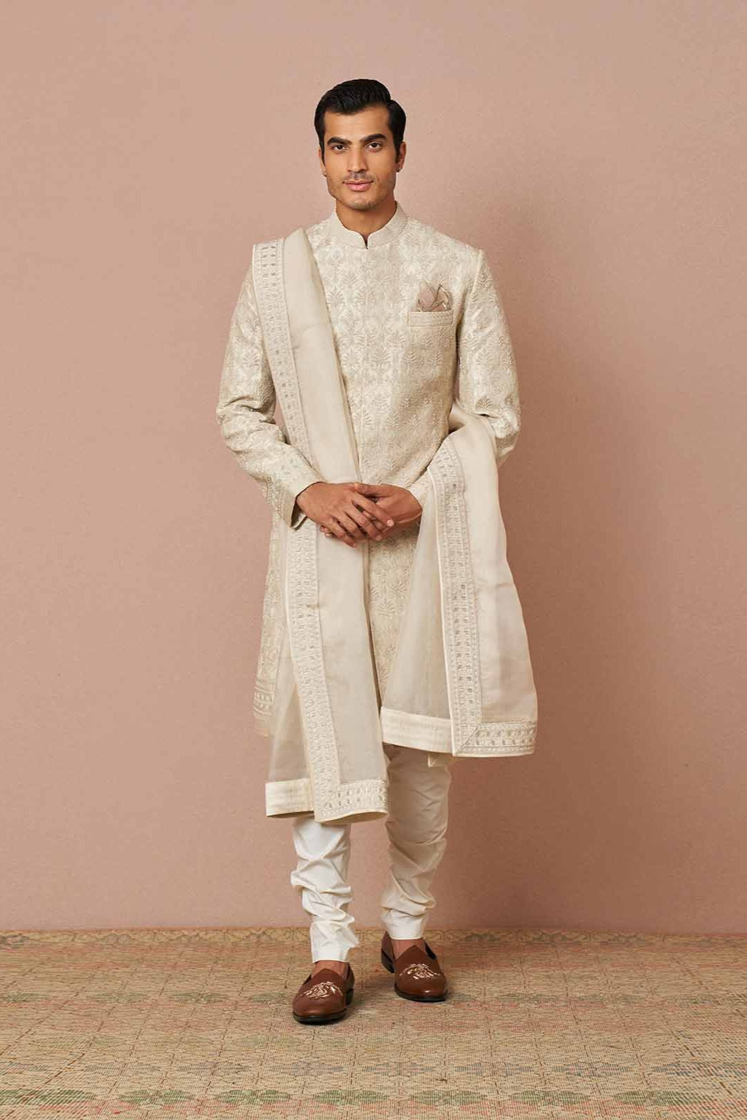 IVORY RAWSILK EMBROIDERED SHERWANI SET