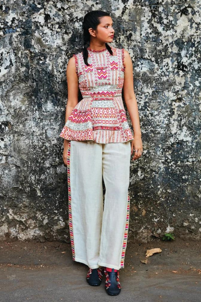 IVORY EMBELLISHED MULTI HUED PEPLUM TEAMED WITH PANTS