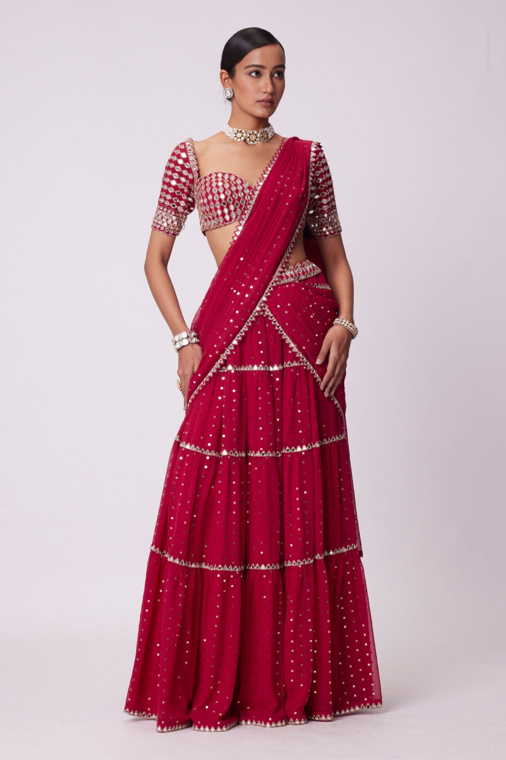 Crimson Red Multi-tier Saree Set