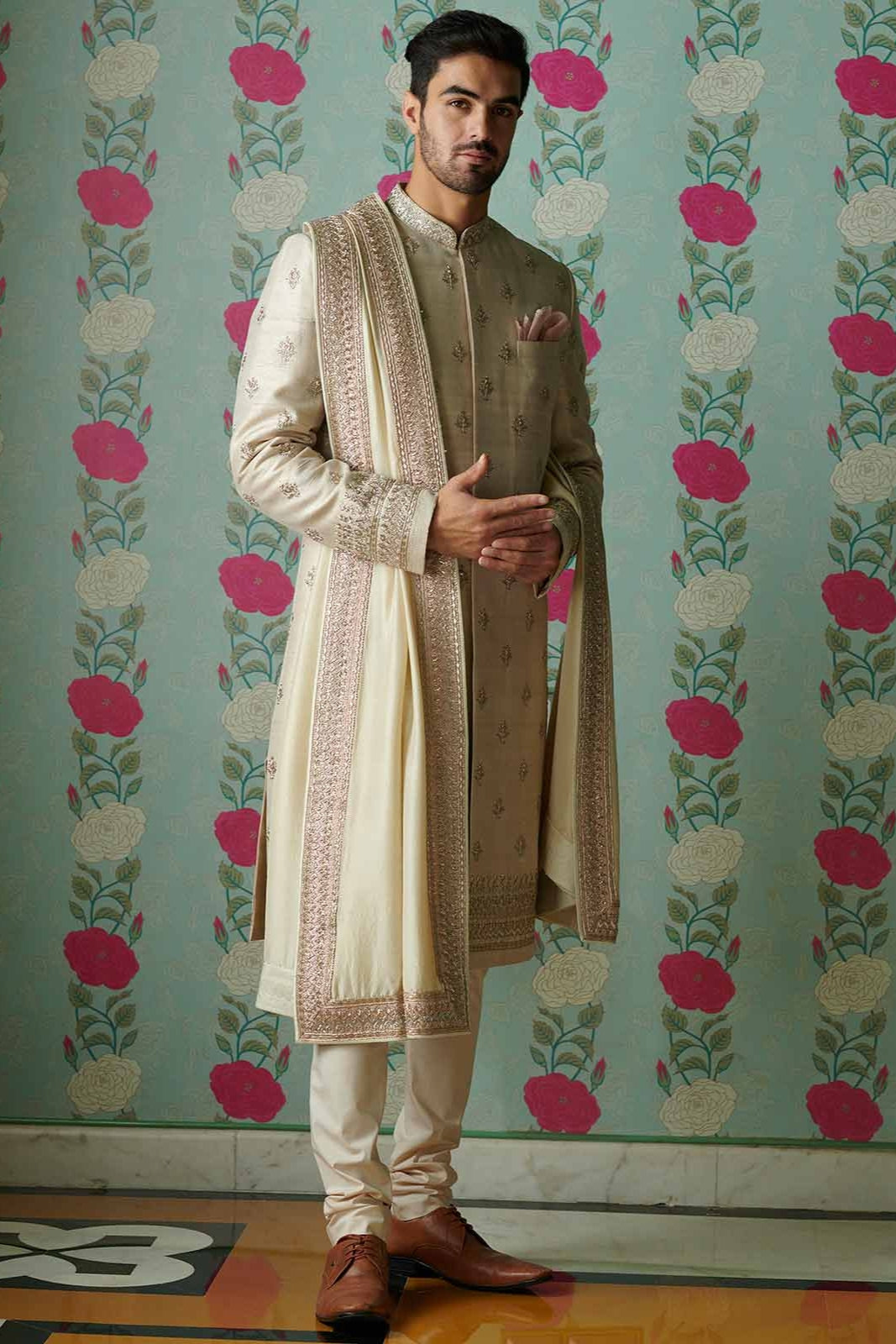 IVORY RAWSILK BUTTI SHERWANI SET