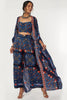 BLUE BIG BUTTA PRINT PANTS WITH BUSTIER AND LONG JACKET WITH EMB
