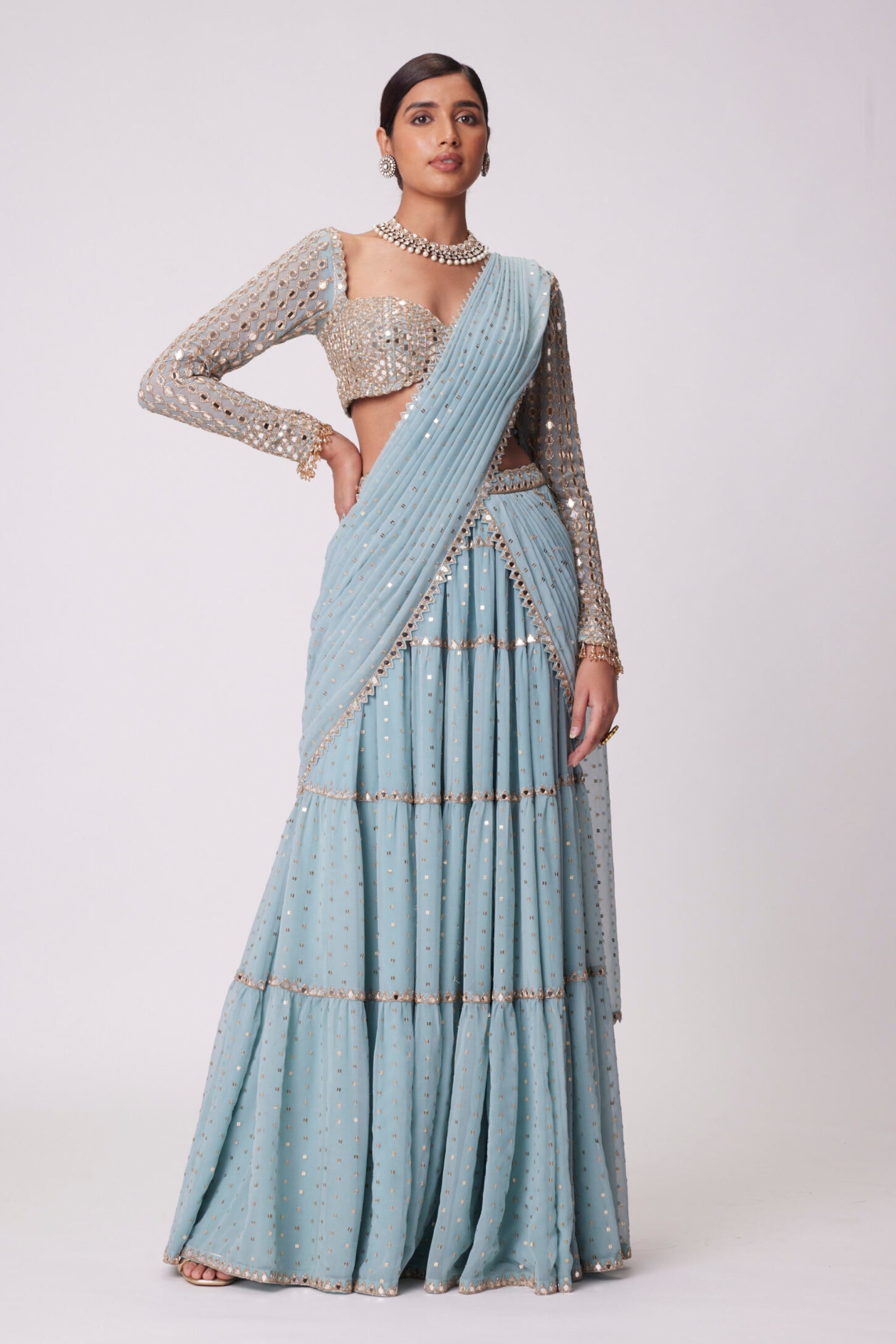 Powder Blue Multitier Hand Embroidered Saree Set