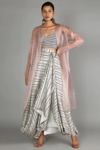 WHITE JAALI PRINT CHANDERI DRAPE SKIRT WITH PRINTED BUSTIER PAIRED WITH BLUSH PINK ORGANZA JACKET