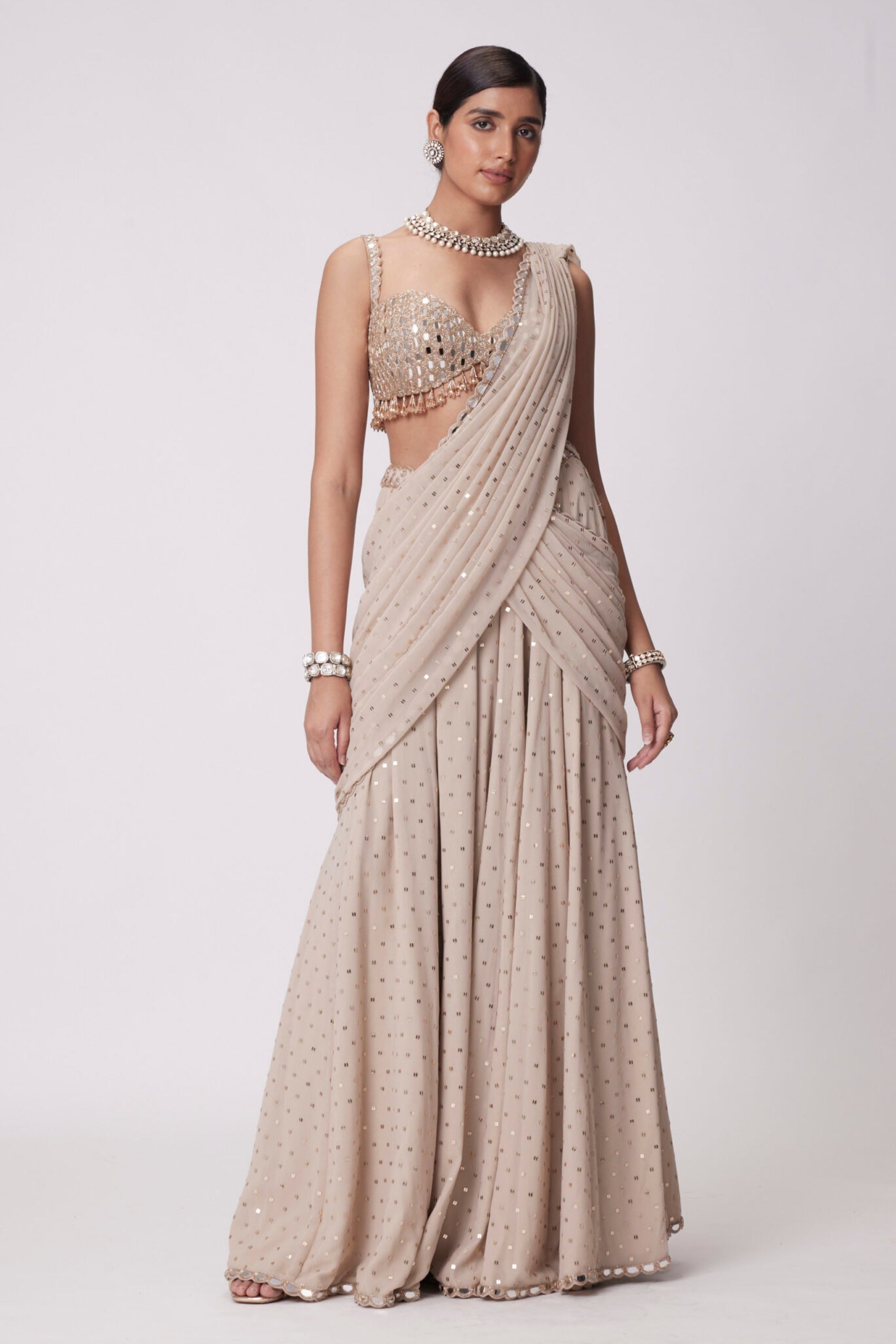 Light Beige Georgette Draped Saree Set