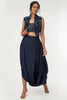 DEEP BLUE HEAVY EMBROIDERED ORGANZA JACKET WITH EMBROIDERED BUSTIER AND HIGHLITED DRAPE SKIRT