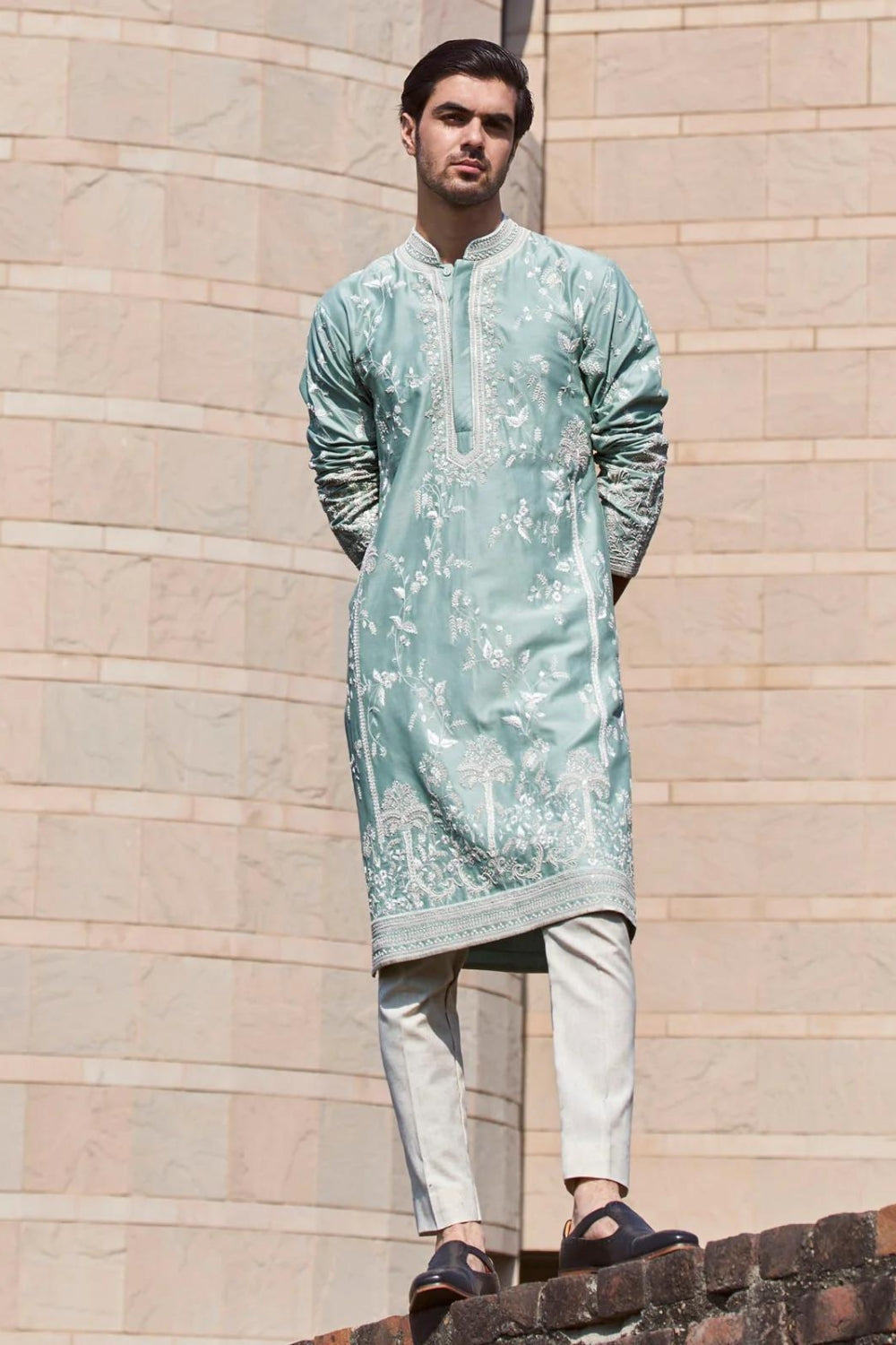MINT GREEN CHANDERI LONG PALM TREE KURTA SET