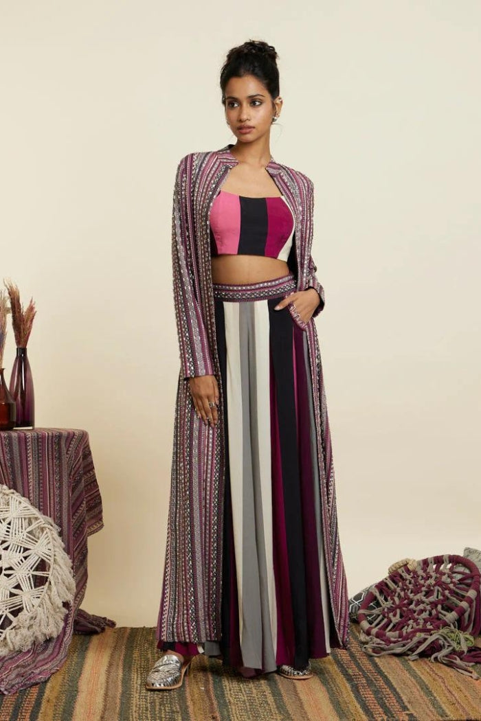 MERLOT BOHO STRIPE EMBELLISHED CAPE SET