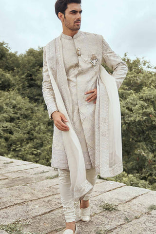 BEIGE SHERWANI WITH SELF FLOWER BUTTI AND PANTS