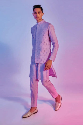BLUE FEATHER PRINTED BLAZER JACKET WITH PINK BUTTI HIGHLIGHTED SHORT KURTA WITH PANTS