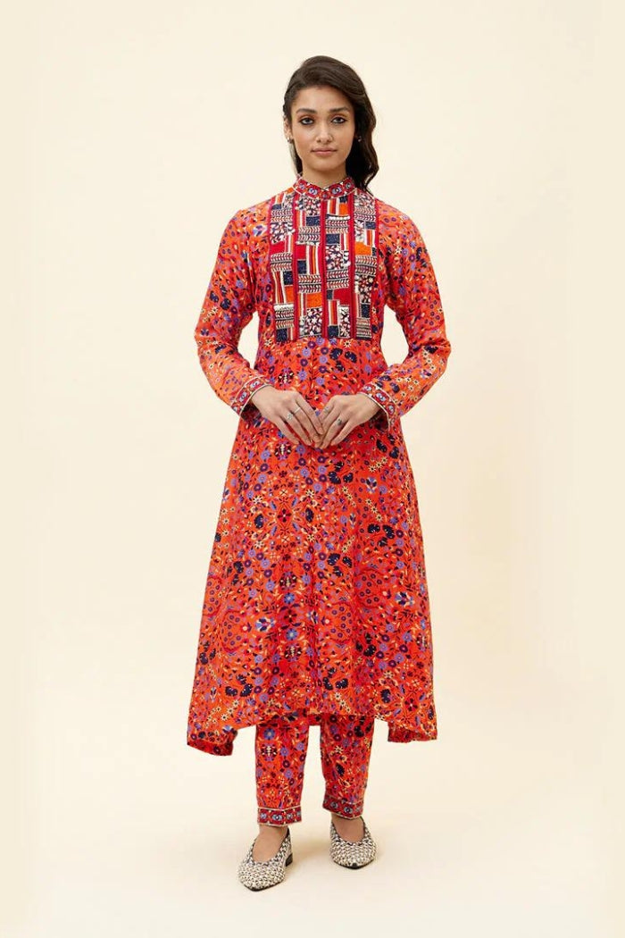 ORANGE JAAL PRINT KURTA TUNIC WITH EMB YOKE AND PANTS