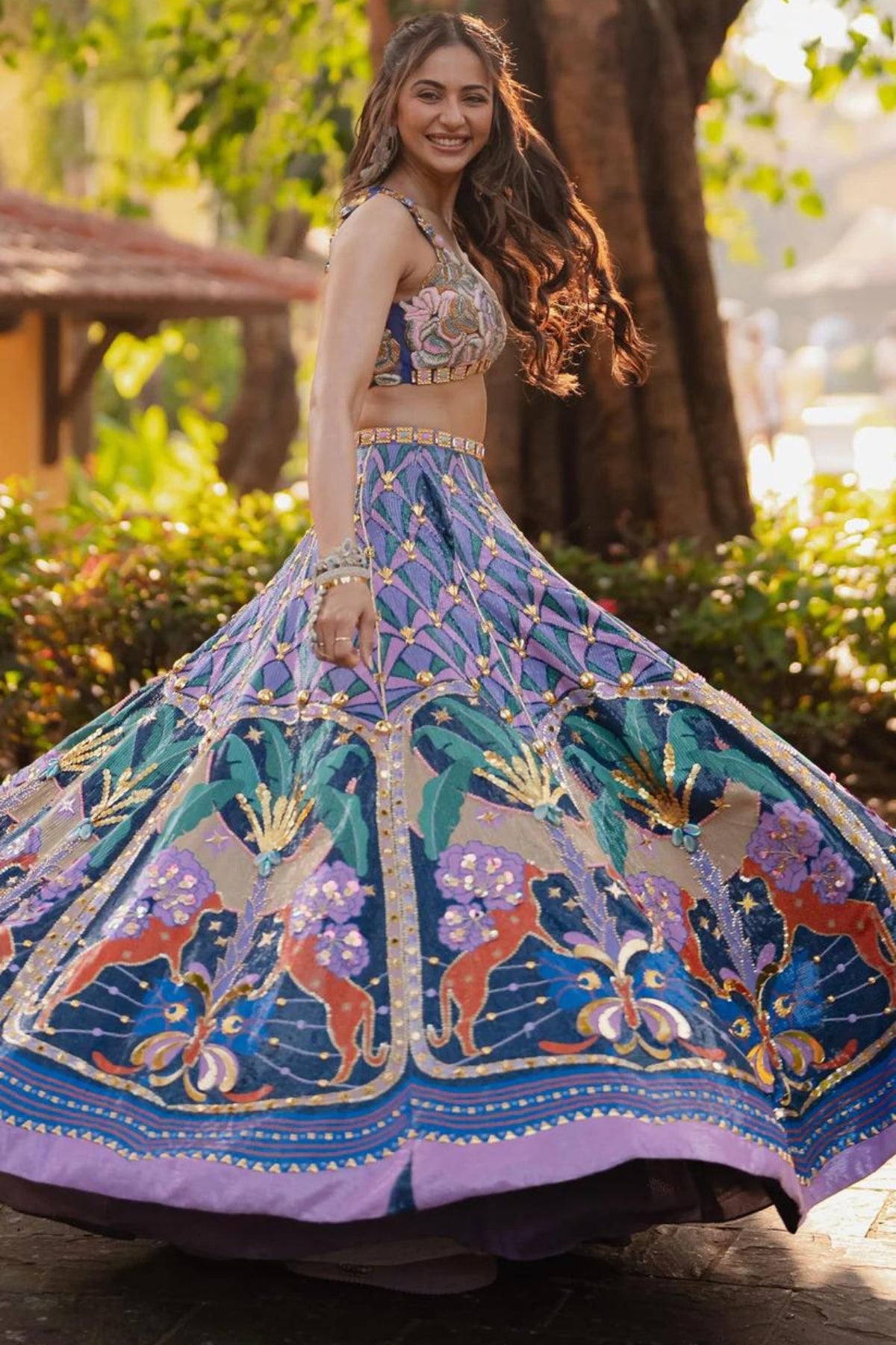 RAKUL PREET LEHENGA IN LYONS- TROPICAL BLUE PRINTED AND EMBELLISHED FULL LEHENGA