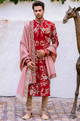 BEIGE SHERWANI WITH SELF FLOWER BUTTI AND PANTS
