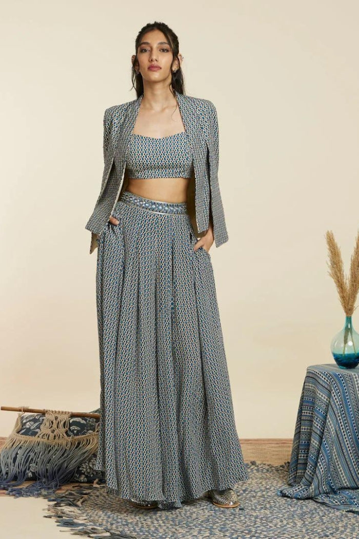 BLUE GEOMETRIC PRINT NOOR JACKET SET