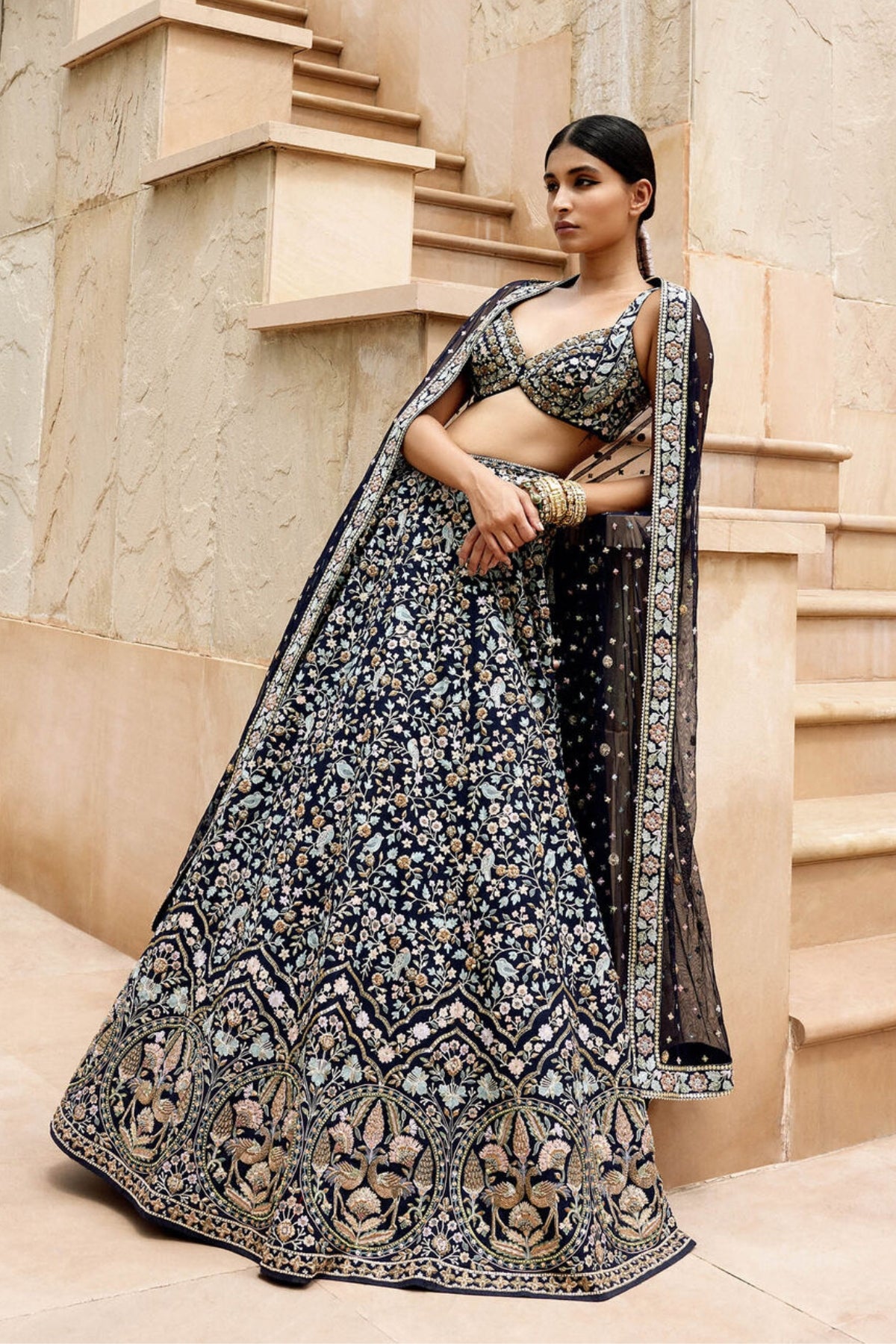 QAINAAT ZARDOZI & RESHAM SILK LEHENGA - NAVY BLUE