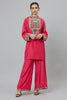PINK DOLMAIN SLEEVES KURTA WITH BLACK EMBROIDERED YOKE TEAMED WITH PANTS