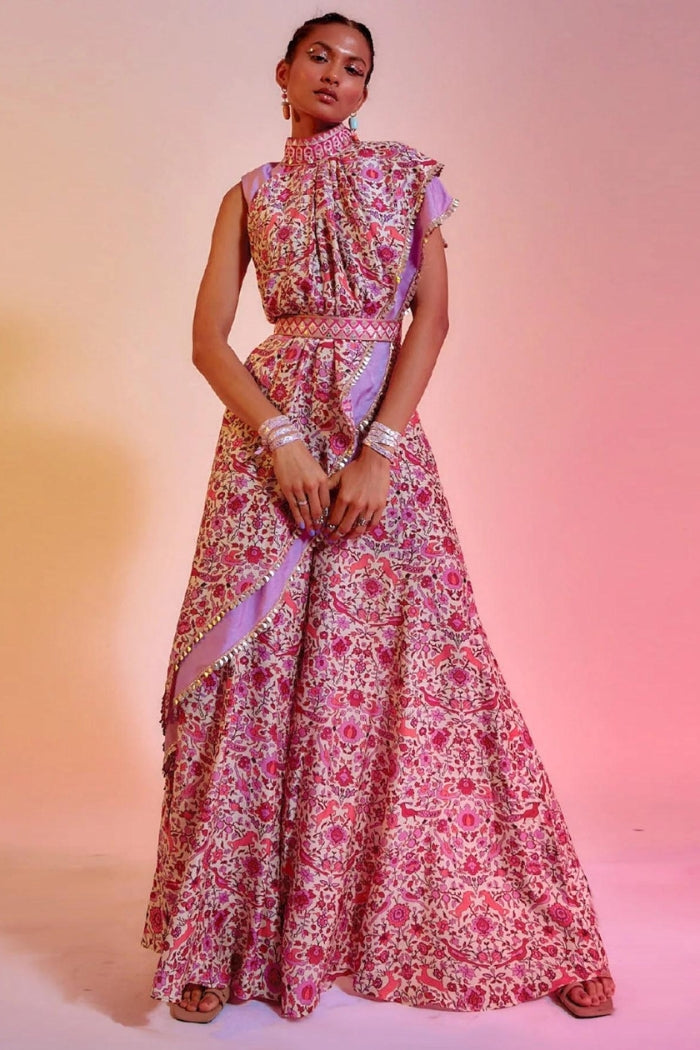 IVORY SAANJH FLORAL PRINT AND LILAC CROPTOP WITH ATTACHED DRAPE TEAMED WITH SHARARA PANTS AND BELT