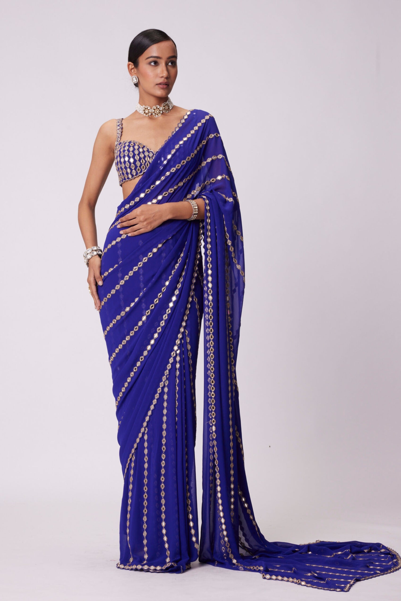 Persian Blue Linear Embroidery Georgette Saree Set