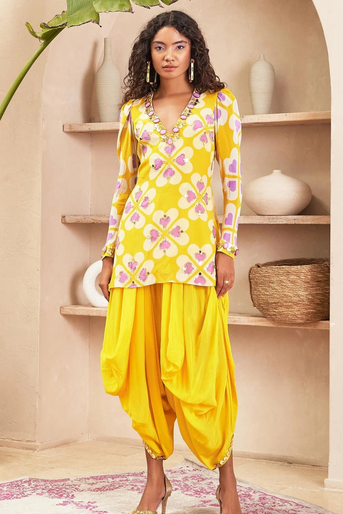 Women Yellow Ethnic Motifs Yoke Design Pleated Kurti With Dhoti Pants &  With Dupatta, Dhoti Suit for Women, Indo Western Dress, Indian Dress - Etsy