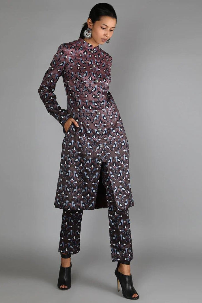 MERLOT OMBRE GEOMETRIC DAMASK PRINT JACKET WITH GEOMETRIC DAMASK PRINT PANT