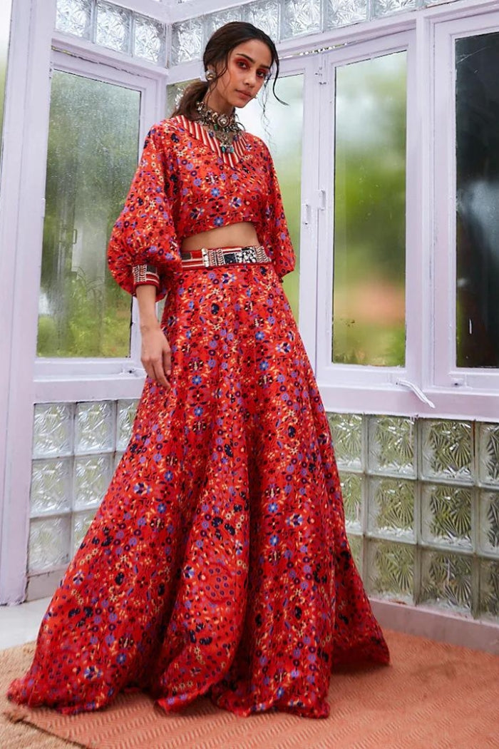 BURNT ORANGE RASA PRINT LEHENGA WITH DOLMAN SLEEVES CROP TOP