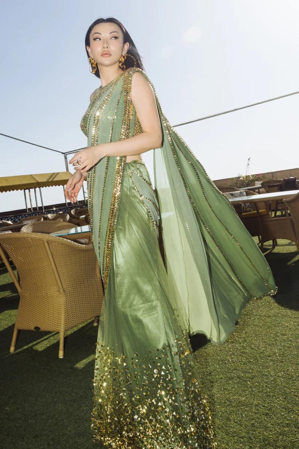 JESSICA WANG IN OLIVE SHADED EMBELLISHED SAREE SET